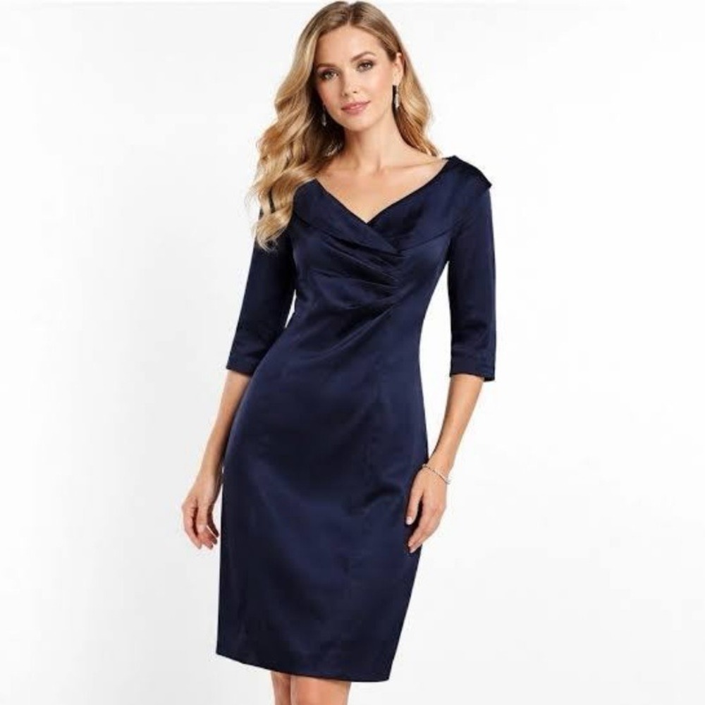 Kay Unger Portrait Collar Stretch Satin Sheath Dress Navy Size 12 NWT Formal